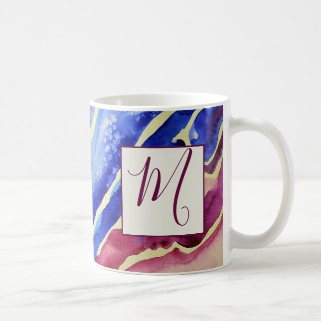 Caneca De Café Monograma Azul-Rosa abstrato (Direita)