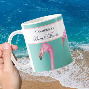 Caneca De Café Monograma Beach Teal Flamingos marinho azul
