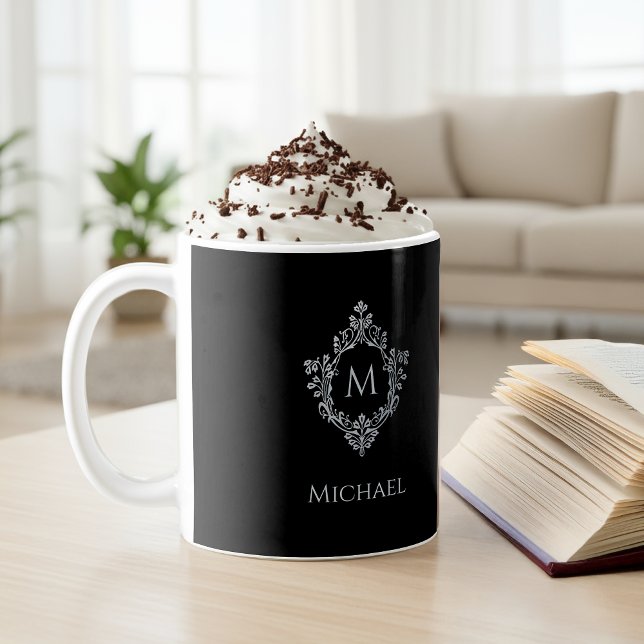Caneca De Café Monograma Black Elegage Crest Nome inicial (Criador carregado)