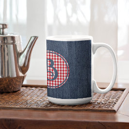 Caneca De Café Monograma, Blue Denim Red White Check 15oz
