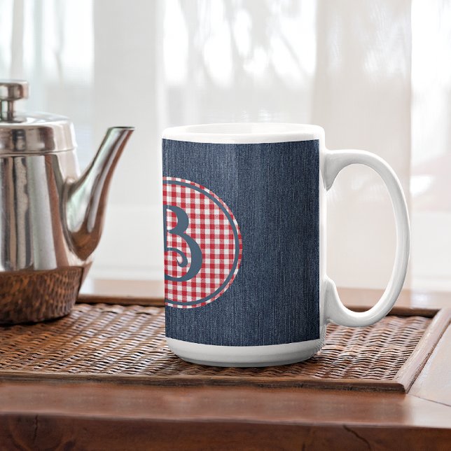 Caneca De Café Monograma, Blue Denim Red White Check 15oz (Criador carregado)