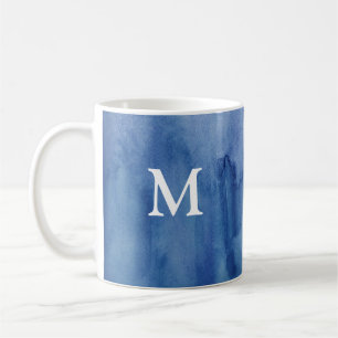 Caneca De Café Monograma Blue Watercolor Textura Abstrato