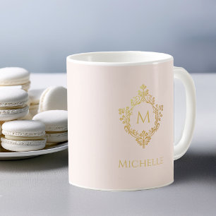 Caneca De Café Monograma Blush Pink Dourado Vintage Ornamentado N