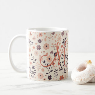 Caneca De Café Monograma Boho Bege Rosa Coral Flor Silvestre