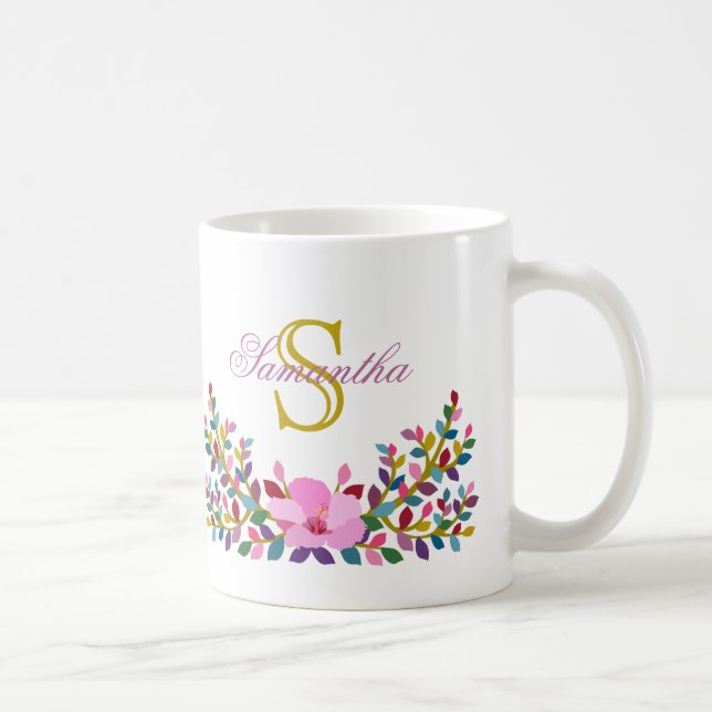 Caneca De Café Monograma Boho Foliage Hibiscus Mug (Direita)