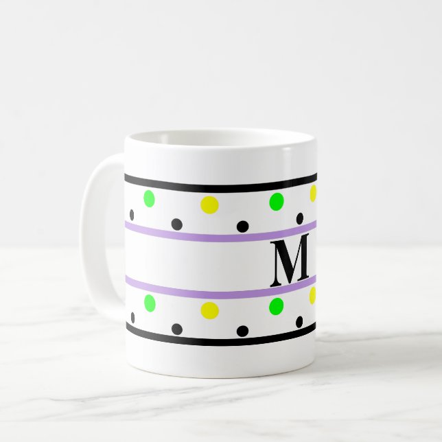 Caneca De Café Monograma Bolinhas verdes amarelas roxas (Frente Esquerda)