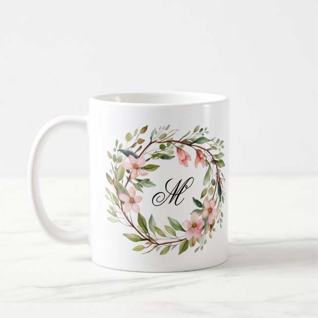 Caneca De Café Monograma Bonito Pau e Flores Selvagens (Esquerda)