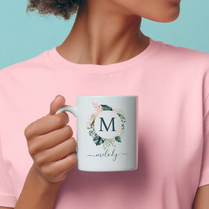 Caneca De Café Monograma Botânico Boho - Verde - Branco