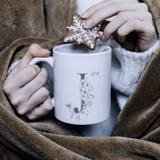 Caneca De Café Monograma Botânico Floral | Elegante de texto pers (Criador carregado)