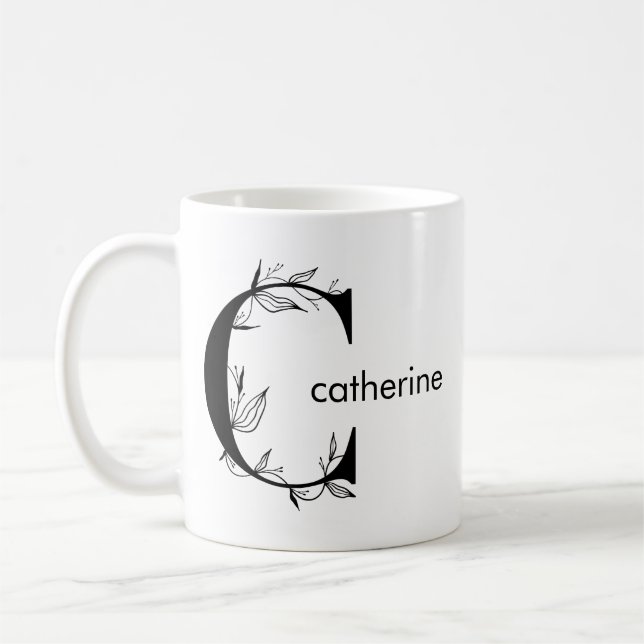 Caneca De Café Monograma Botânico Floral | Elegante de texto pers (Esquerda)