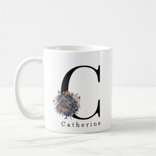 Caneca De Café Monograma Botânico Floral Elegante Texto persona