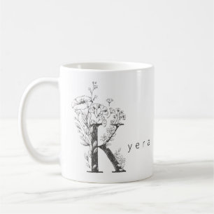 Caneca De Café Monograma Botânico Floral "K" Texto Personalizado