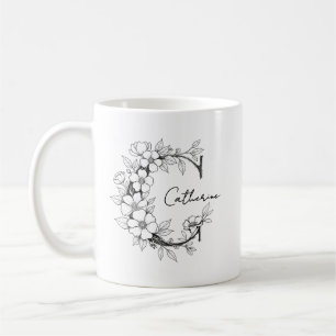 Caneca De Café Monograma Botânico Floral Texto Personalizado El