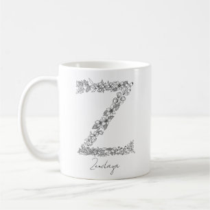 Caneca De Café Monograma Botânico Preto Floral Branco - Letra Z
