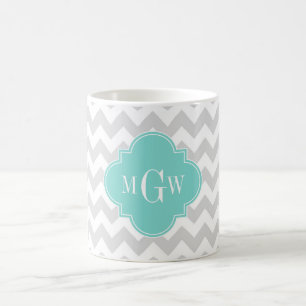 Caneca De Café Monograma branco cinzento de Quatrefoil 3 do Aqua
