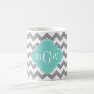 Caneca De Café Monograma branco cinzento de Quatrefoil 3 do Aqua