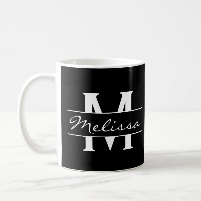 Caneca De Café Monograma branco e preto elegante (Esquerda)