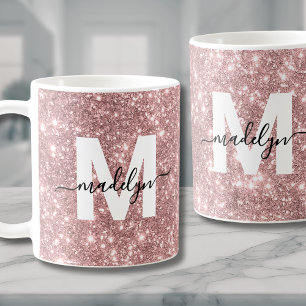 Caneca De Café Monograma Brilho Brilhos Dourado Rosa