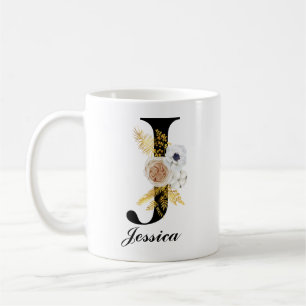 Caneca De Café Monograma Café Mug - J Preto Inicial Floral
