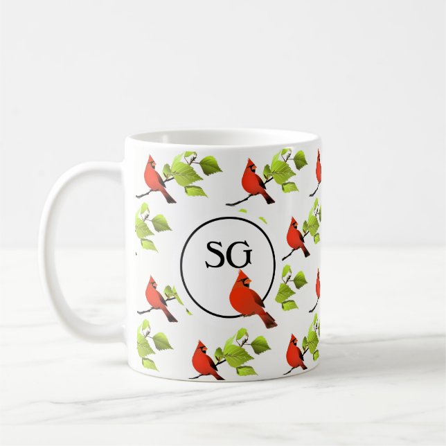 Caneca De Café Monograma Cardinal Songbird na Ramificação da Árvo (Esquerda)