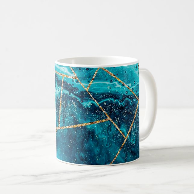 Caneca De Café Monograma Chic do Geode do Agate Dourado Azul do M (Frente Esquerda)