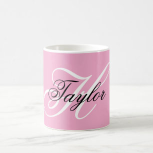 Caneca De Café Monograma Chique Preto e Branco Rosa