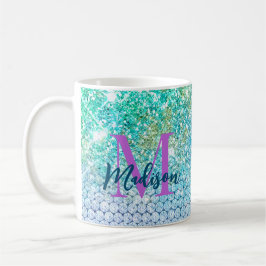 Caneca De Café Monograma cintilante de Faux unicorn de Turquoise