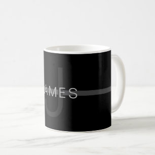 Caneca De Café Monograma Cinza Escuro, Nome e Listra Geométrica