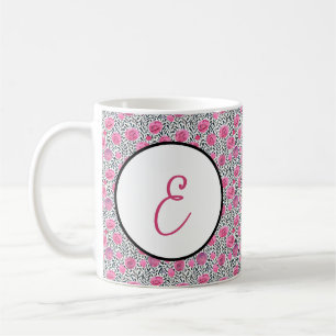 Caneca De Café Monograma com padrão floral em aquarela rosa e cin