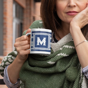 Caneca De Café Monograma com risca azul e branca