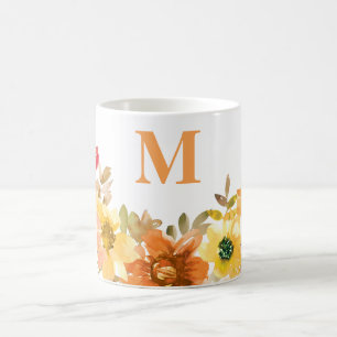 Caneca De Café Monograma Cor de Laranja Inicial Queda Floral