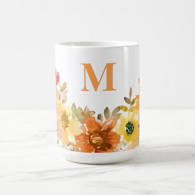 Caneca De Café Monograma Cor de Laranja Inicial Queda Floral (Centro)