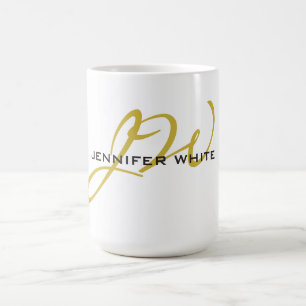 Caneca De Café Monograma Cor Dourada Branco Simples Minimalista M