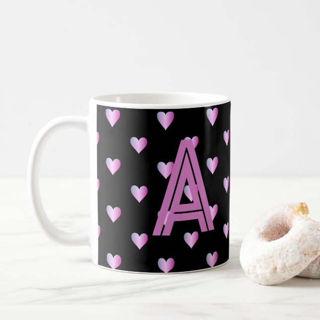 Caneca De Café Monograma Corações Pretos (Com Donut)
