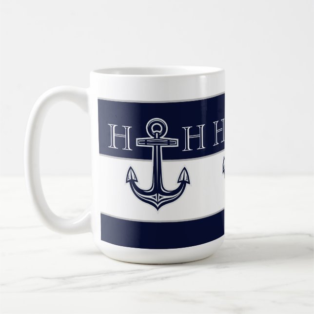Caneca De Café Monograma Costeiro de Âncora Azul Marinho Náutico (Esquerda)