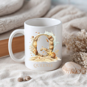 Caneca De Café Monograma Costeiro Personalizado Letra Inicial Q P