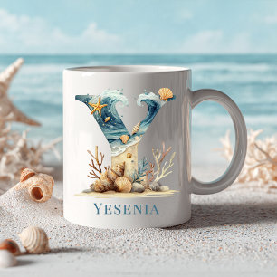 Caneca De Café Monograma Costeiro Personalizado Letra Inicial Y P
