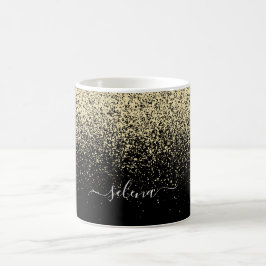 Caneca De Café Monograma da Menina Glitter Dourada Preta