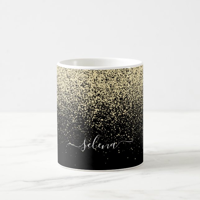 Caneca De Café Monograma da Menina Glitter Dourada Preta (Centro)