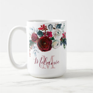 Caneca De Café Monograma da Ramificação Floral do pinheiro Rosa d