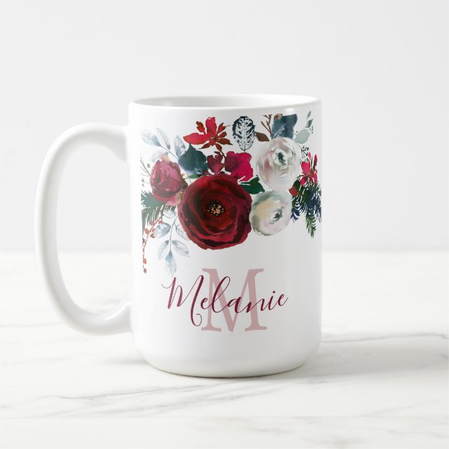 Caneca De Café Monograma da Ramificação Floral do pinheiro Rosa d (Esquerda)
