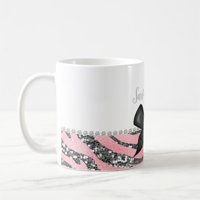 Caneca De Café Monograma da Rosa de prata rosa com brilho (Esquerda)