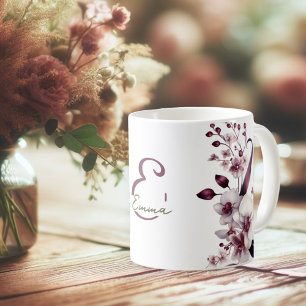 Caneca De Café Monograma das Flores Orquídeas Brancas e Magenta