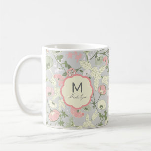 Caneca De Café Monograma das Flores Vermelhos, Cor-de-Rosa, Monog