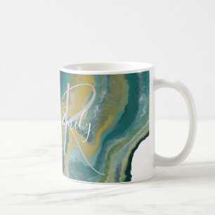 Caneca De Café Monograma de Abstrato do Marble Agate Verde do Mar