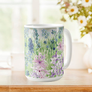 Caneca De Café Monograma de Aquarela Flor de Campo Azul Roxo