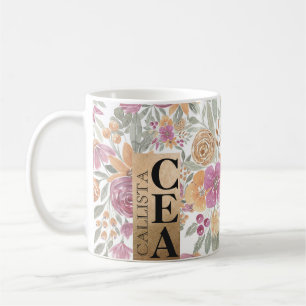 Caneca De Café Monograma de Aquarela Floral Cor Amarela ouro