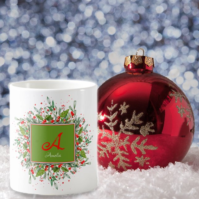 Caneca De Café Monograma de Aquarela Vermelha Café Mug (Criador carregado)