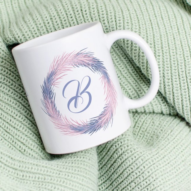 Caneca De Café Monograma de Arranjo de Pinheiro Pastel Personaliz (Criador carregado)