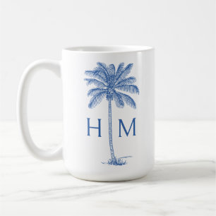 Caneca De Café Monograma de árvore de palmeira azul e branca